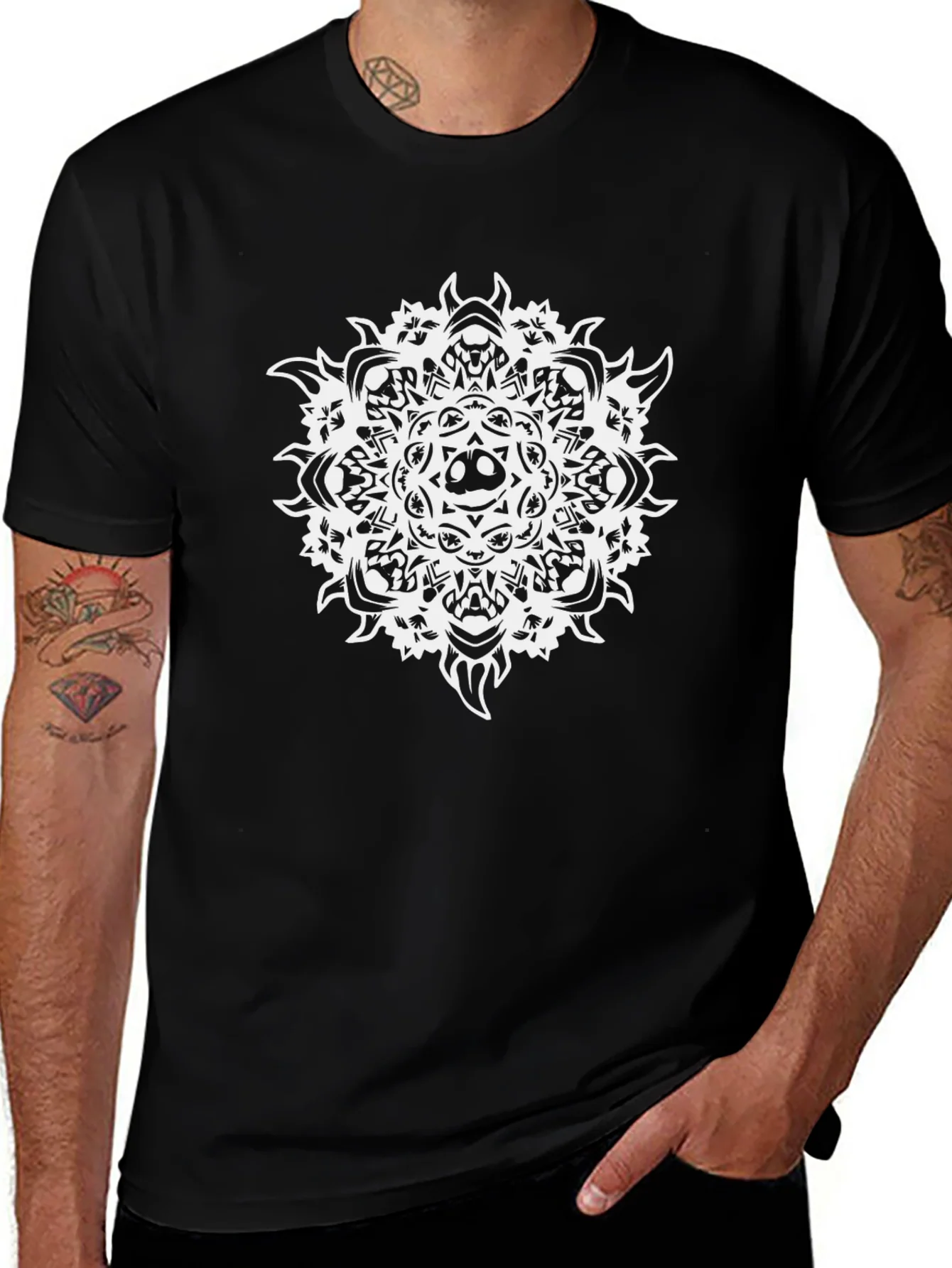 Black Tee with Skull Mandala Graphic
