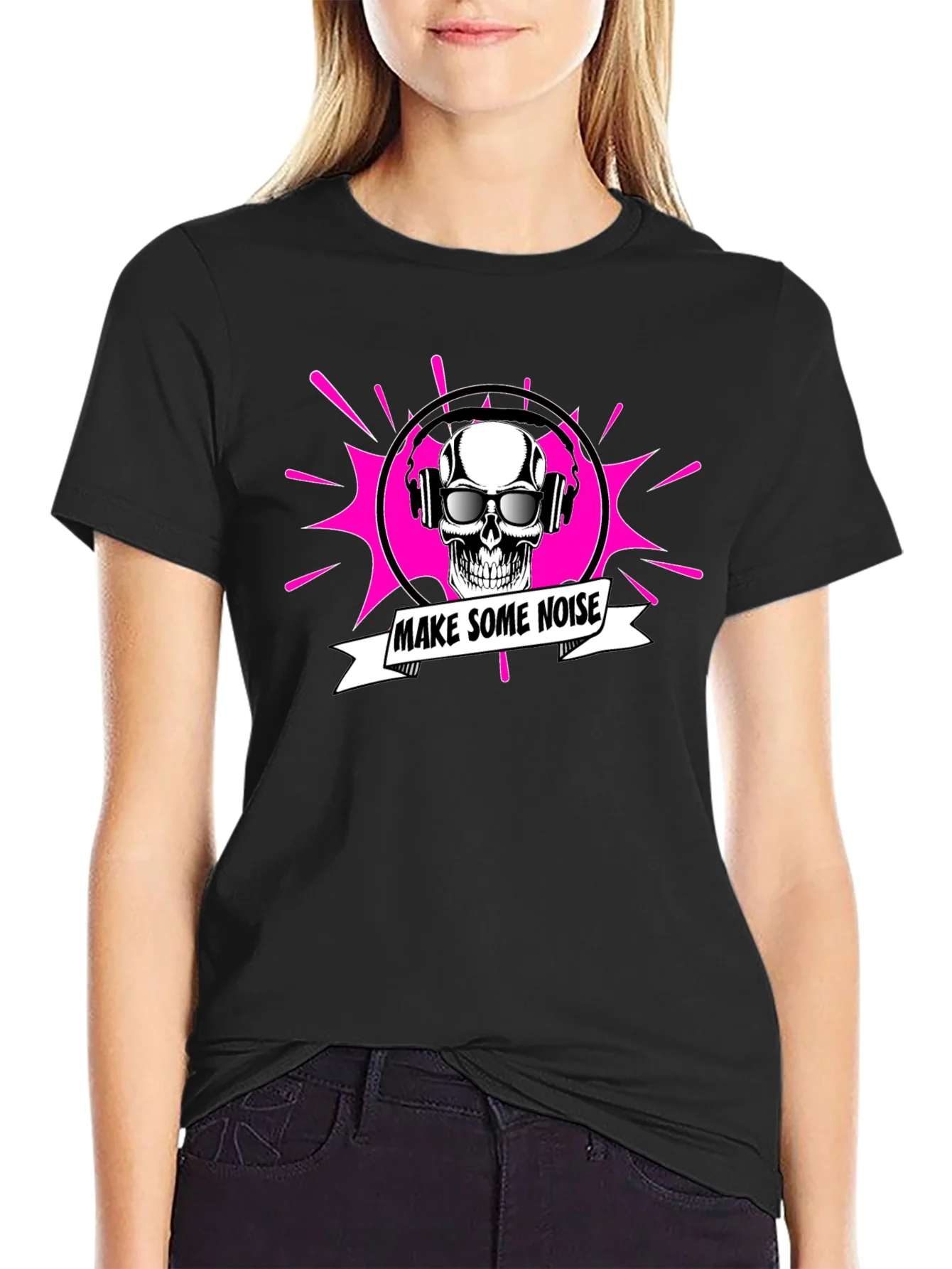 Make Some Noise Skull Graphic Tee - Black Cotton T-Shirt