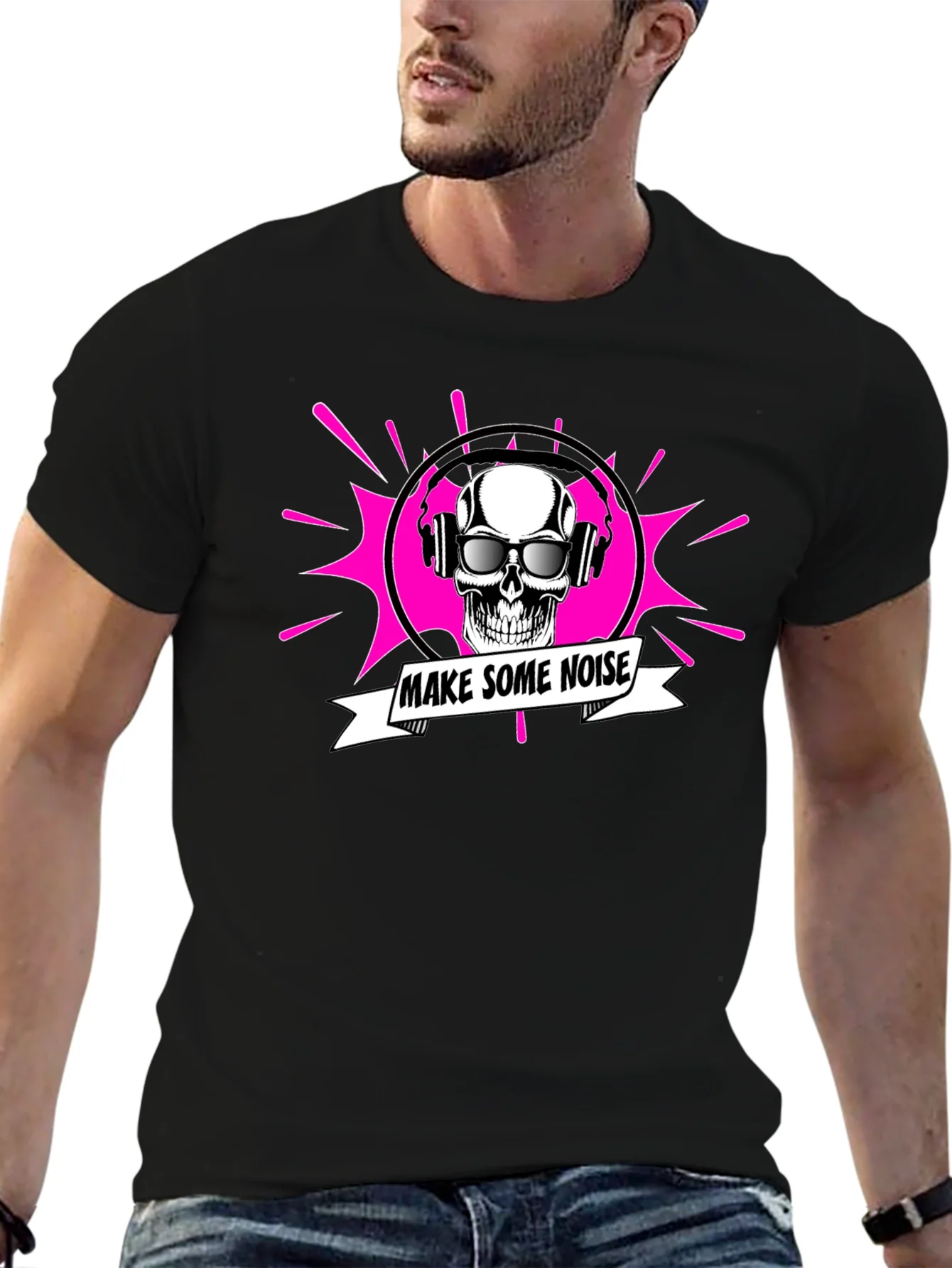Make Some Noise Skull Graphic Tee - Black Cotton T-Shirt