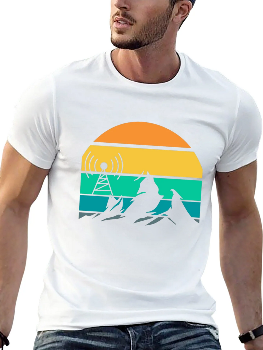 Retro Sunset Mountain Radio Tower T-Shirt