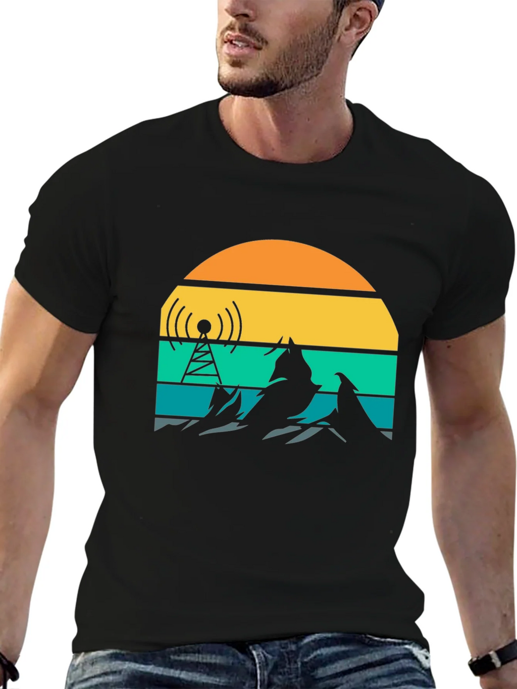 Retro Sunset Mountain Radio Tower T-Shirt