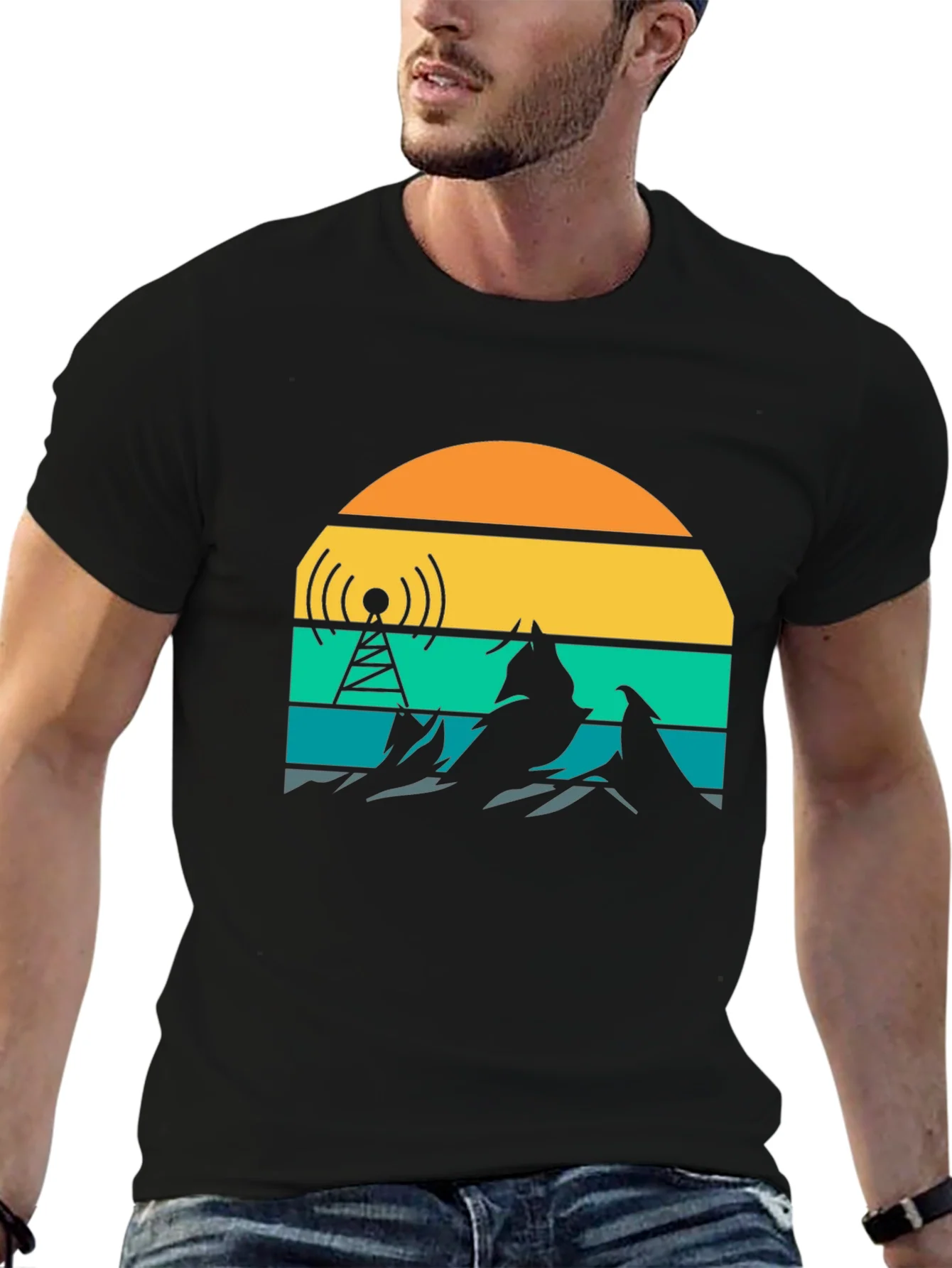 Retro Sunset Mountain Radio Tower T-Shirt