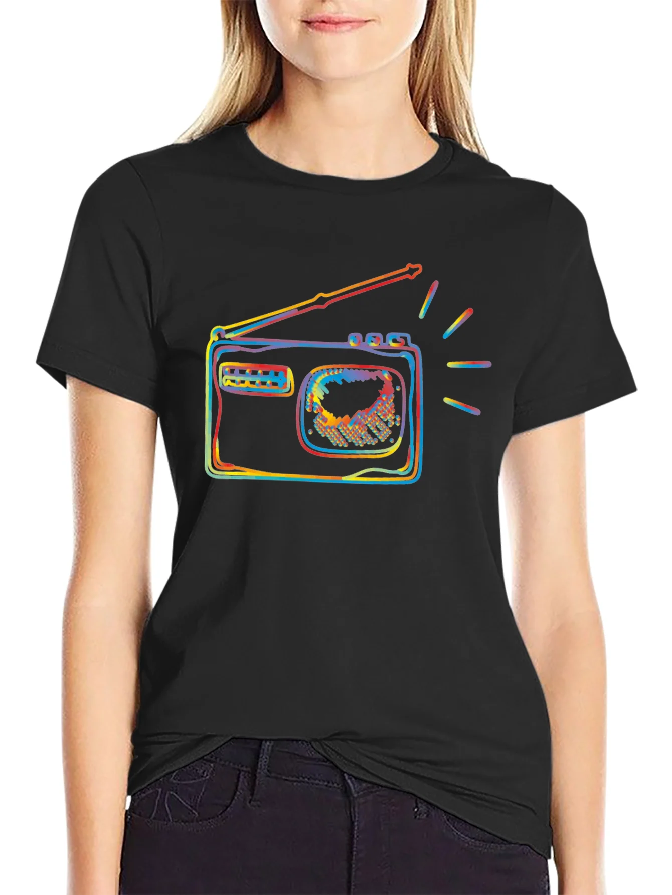 Retro Radio Colorful Graphic Black T-Shirt