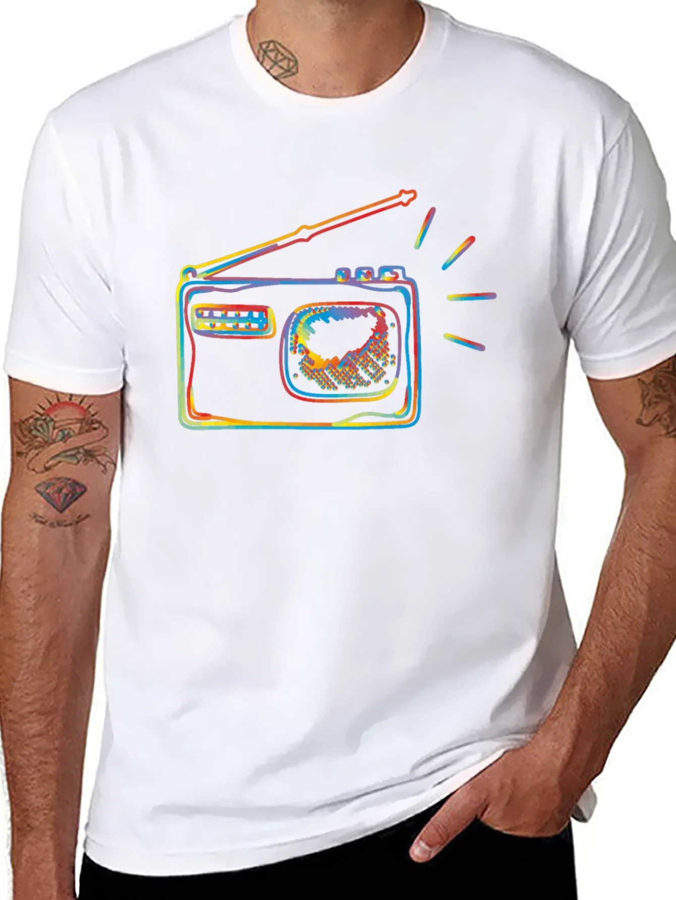 Retro Radio Colorful Graphic Black T-Shirt