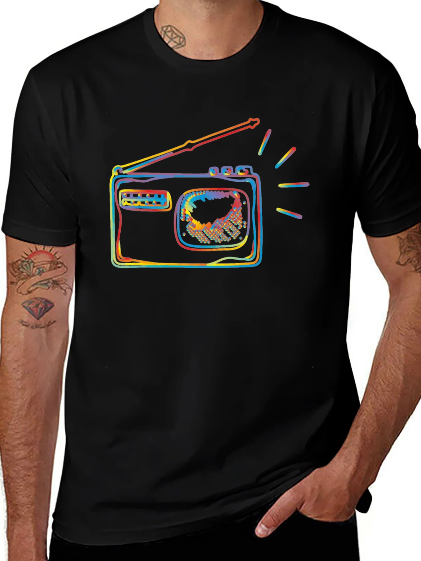 Retro Radio Colorful Graphic Black T-Shirt