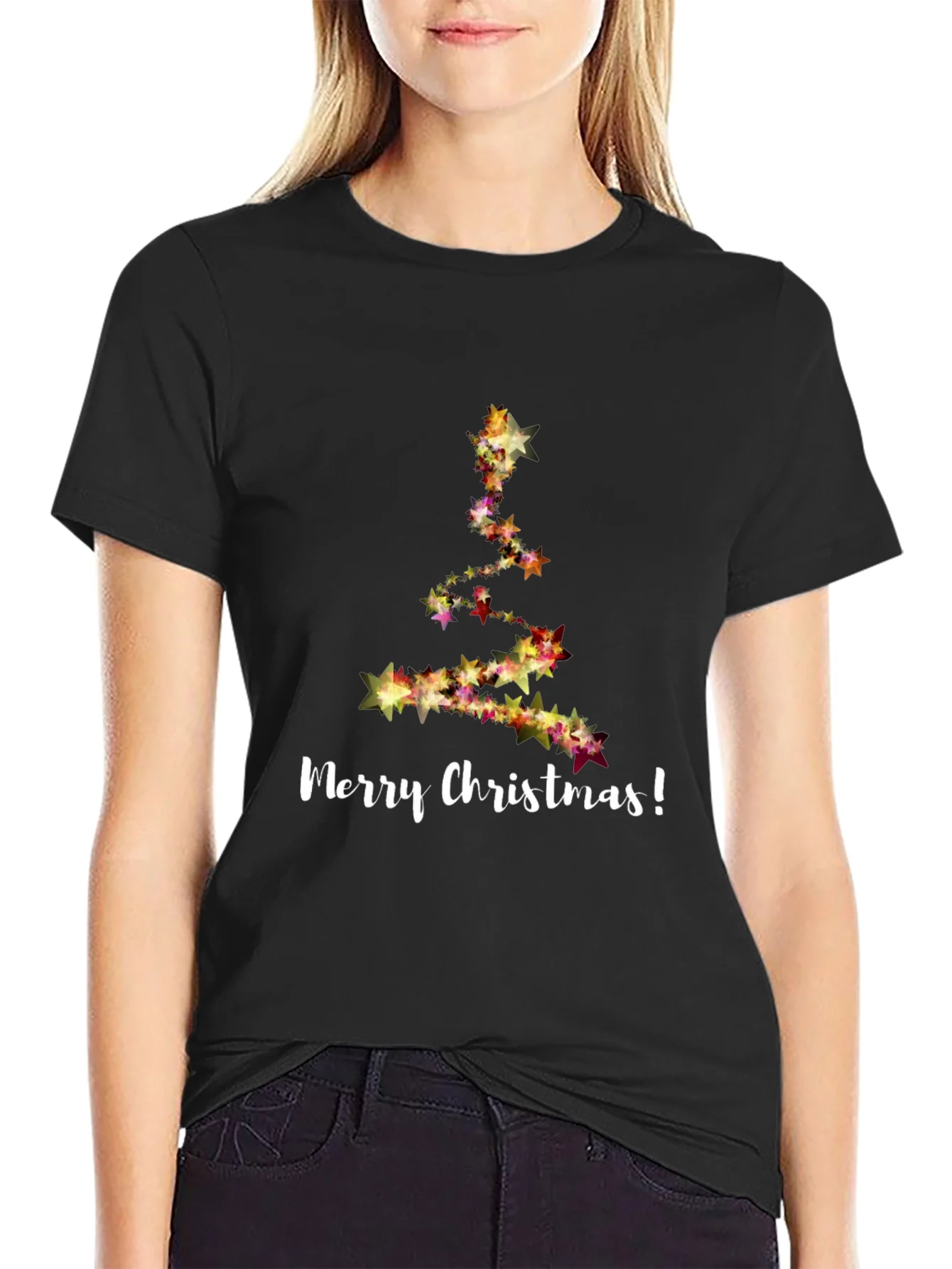 Merry Christmas Star Tree Black T-Shirt