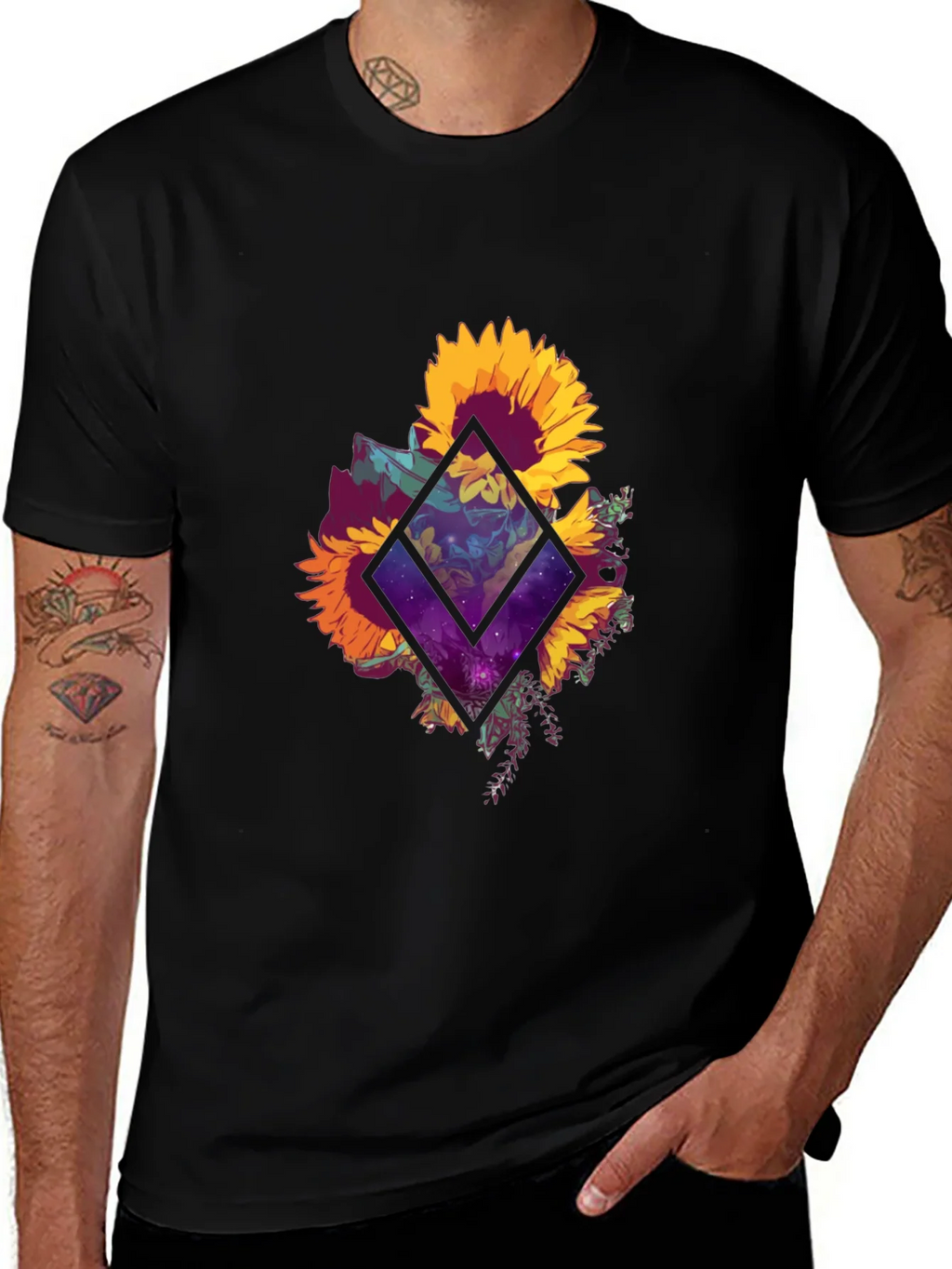 Sunflower Galaxy Graphic Tee - Black Cotton