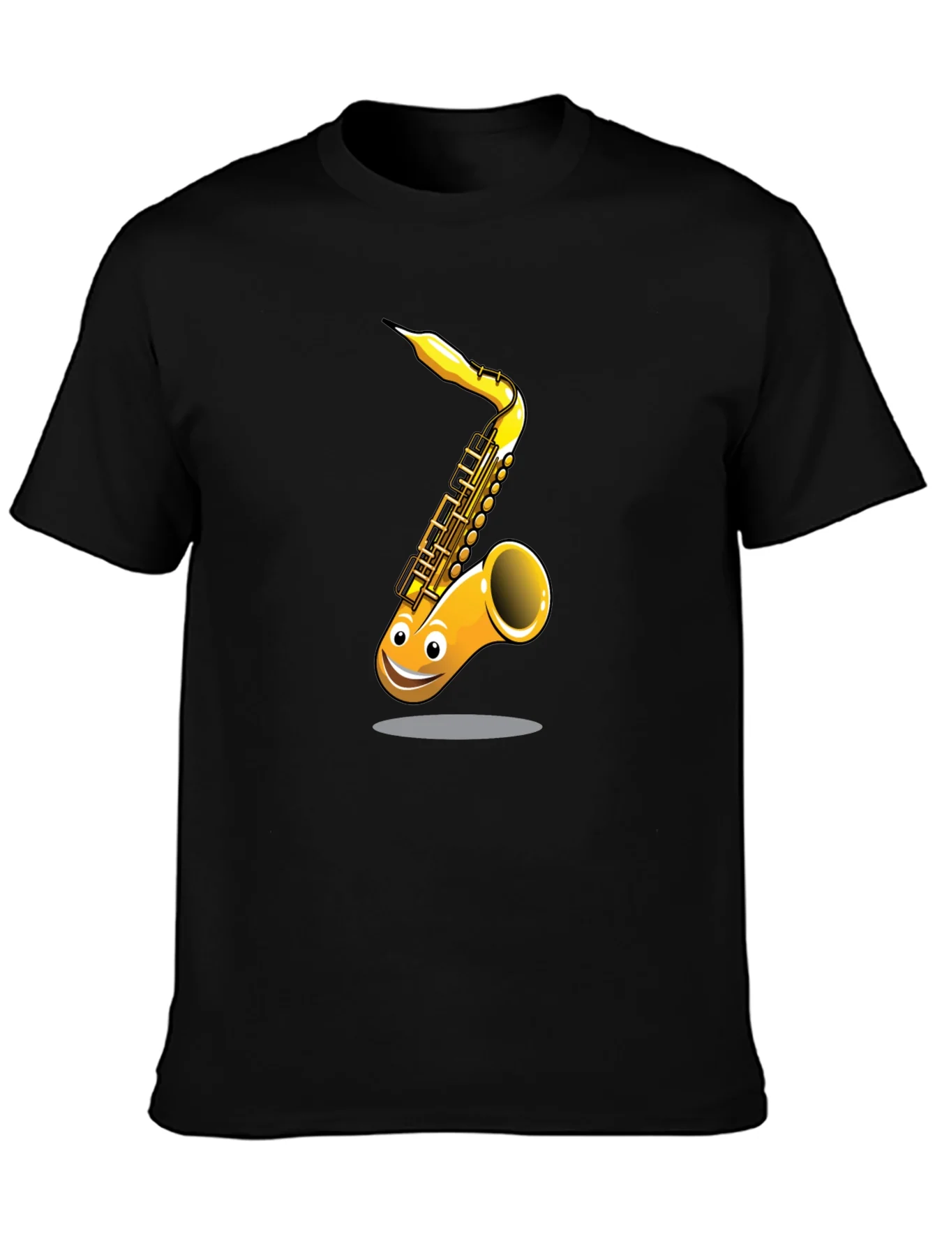 Fun Cartoon Saxophone Graphic Black T-Shirt