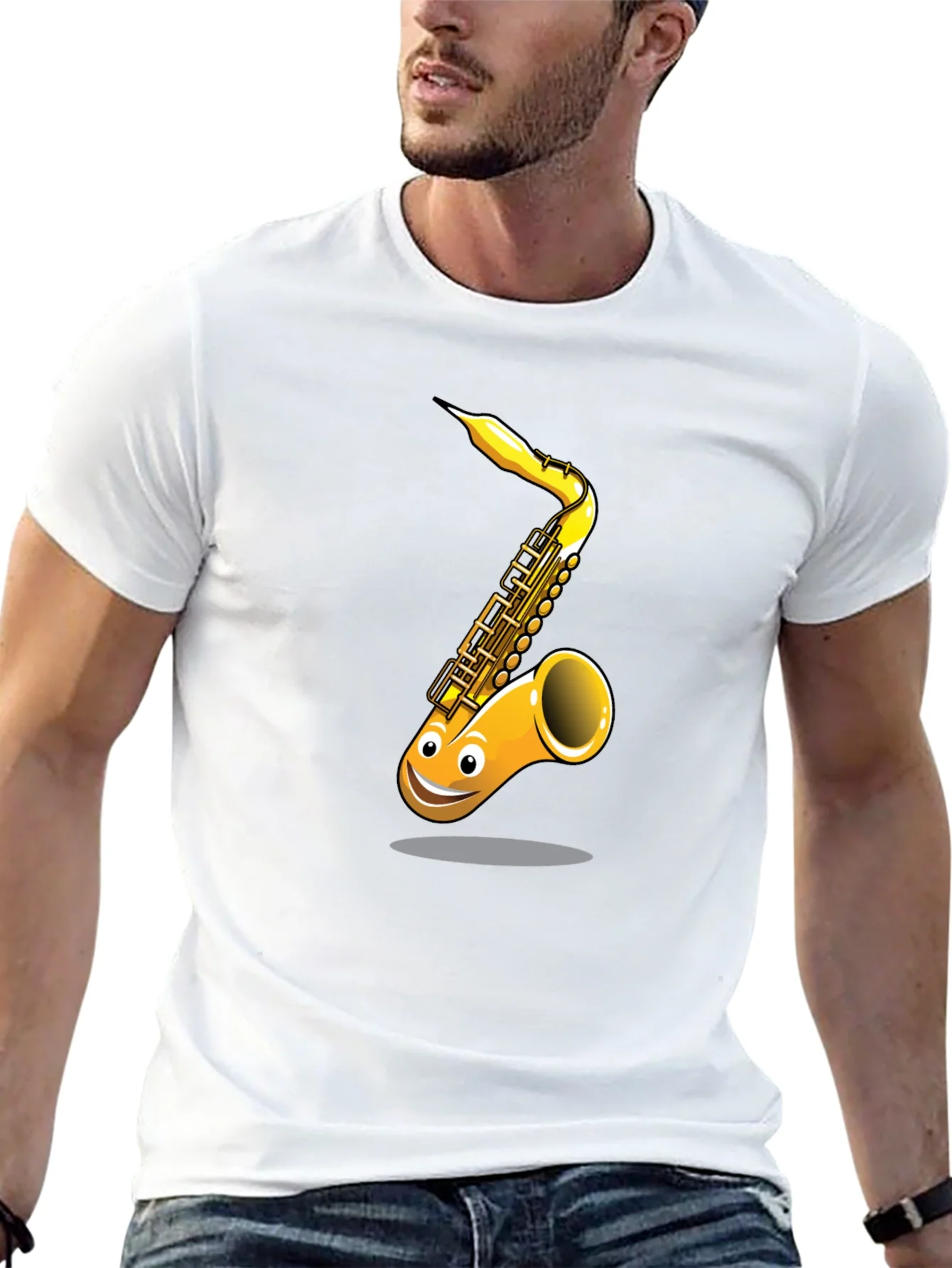 Fun Cartoon Saxophone Graphic Black T-Shirt