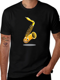 Fun Cartoon Saxophone Graphic Black T-Shirt