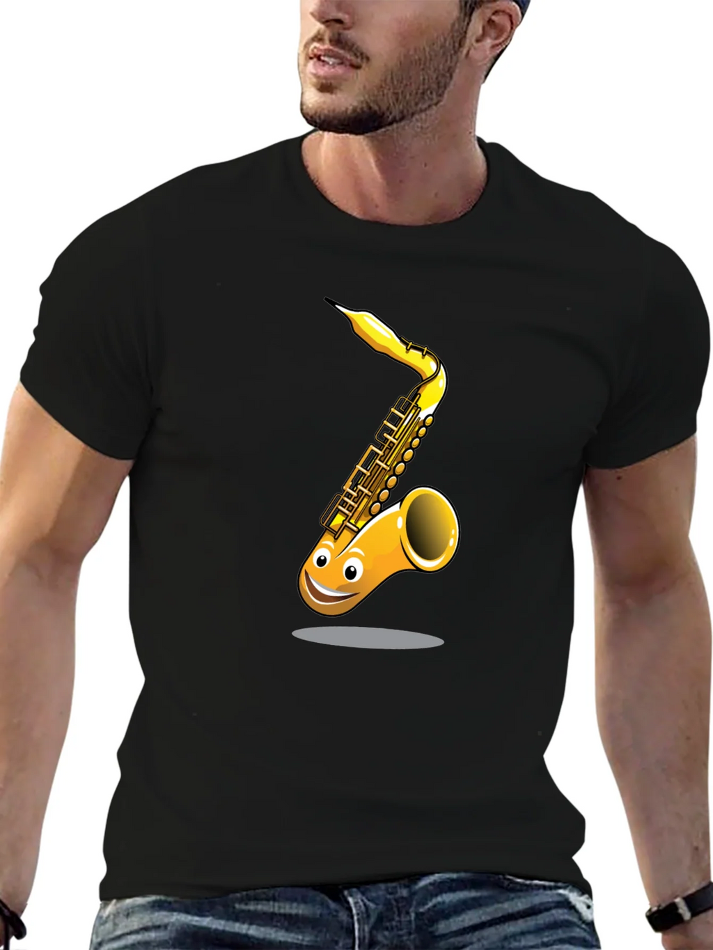 Fun Cartoon Saxophone Graphic Black T-Shirt