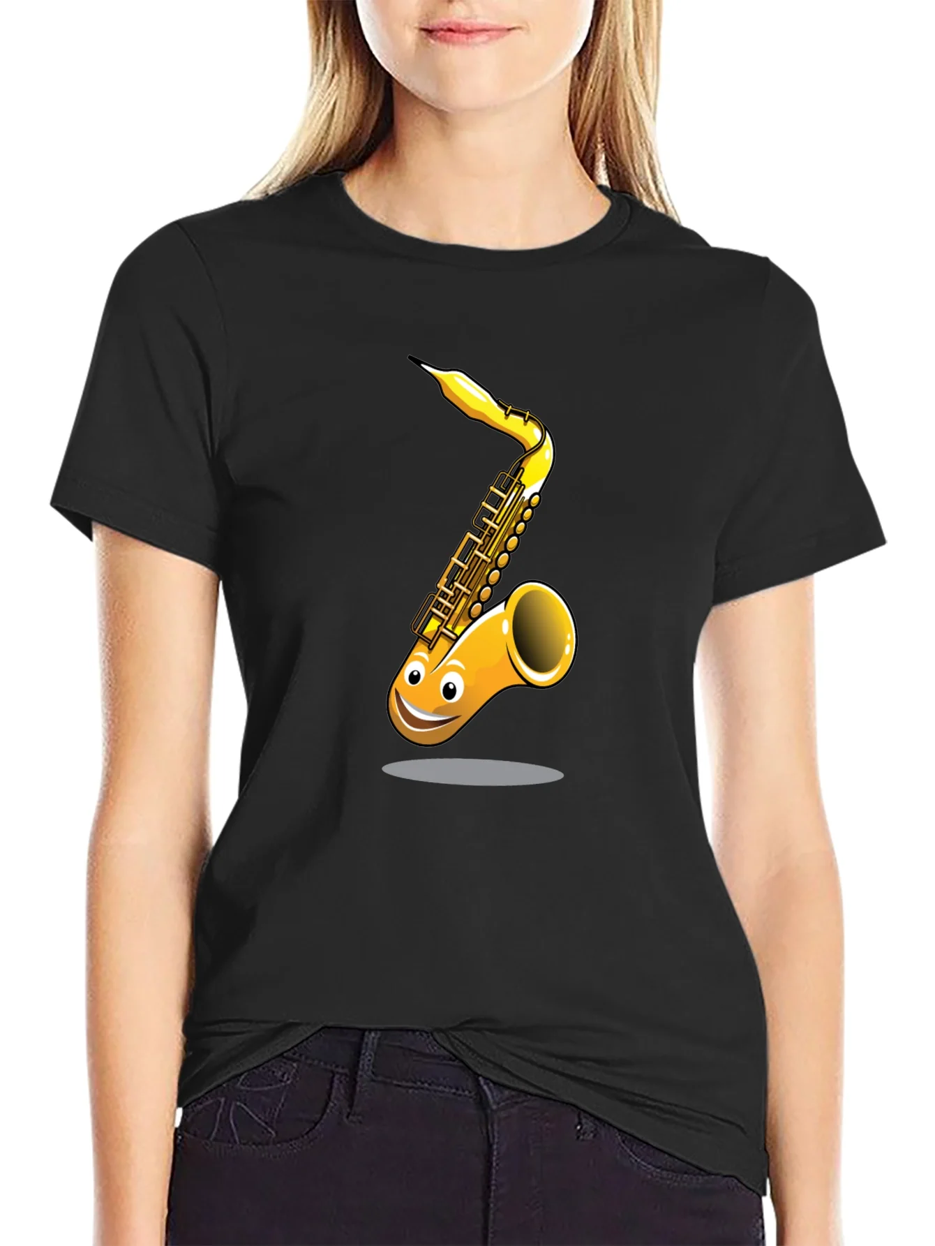 Fun Cartoon Saxophone Graphic Black T-Shirt