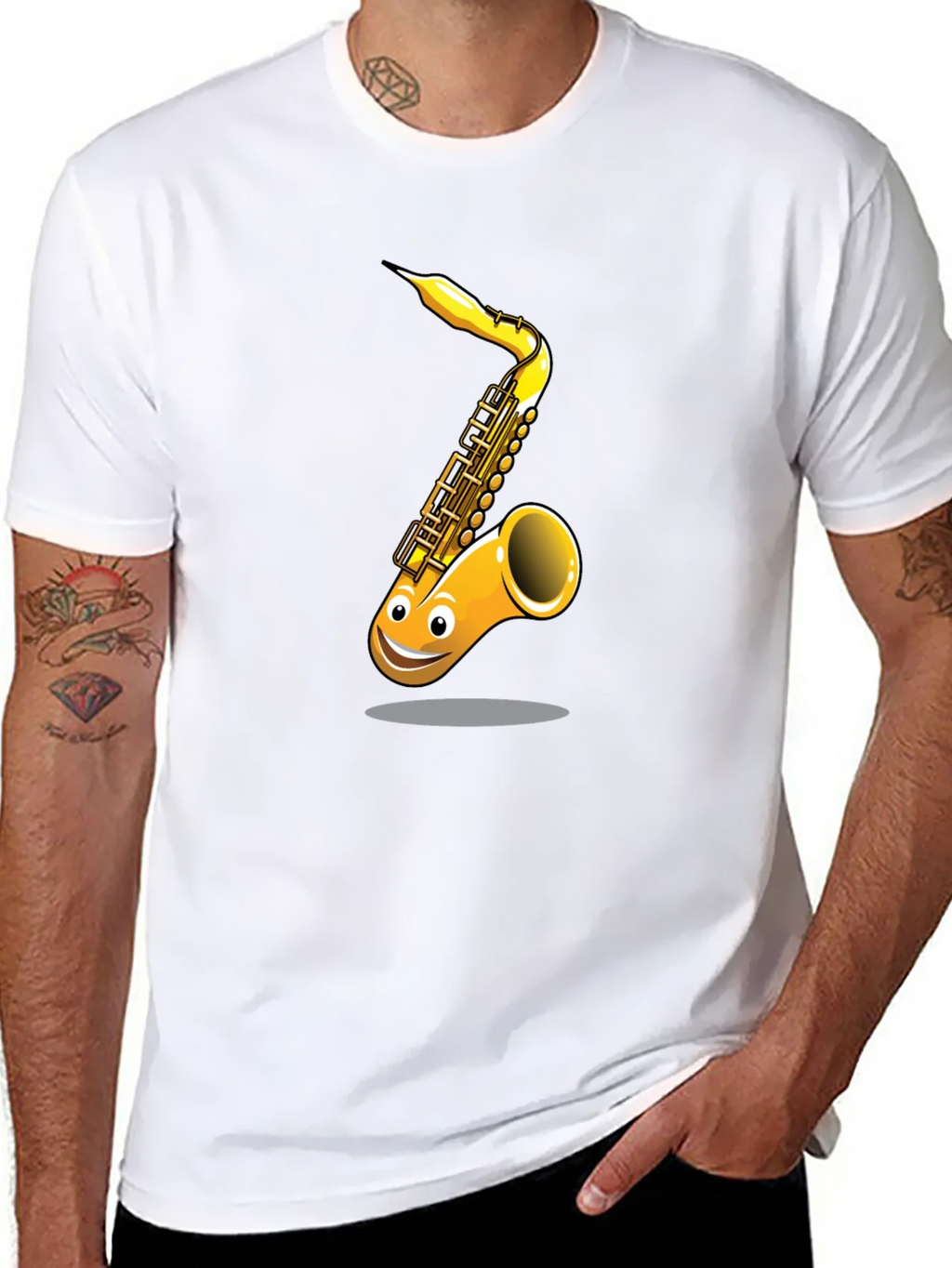 Fun Cartoon Saxophone Graphic Black T-Shirt