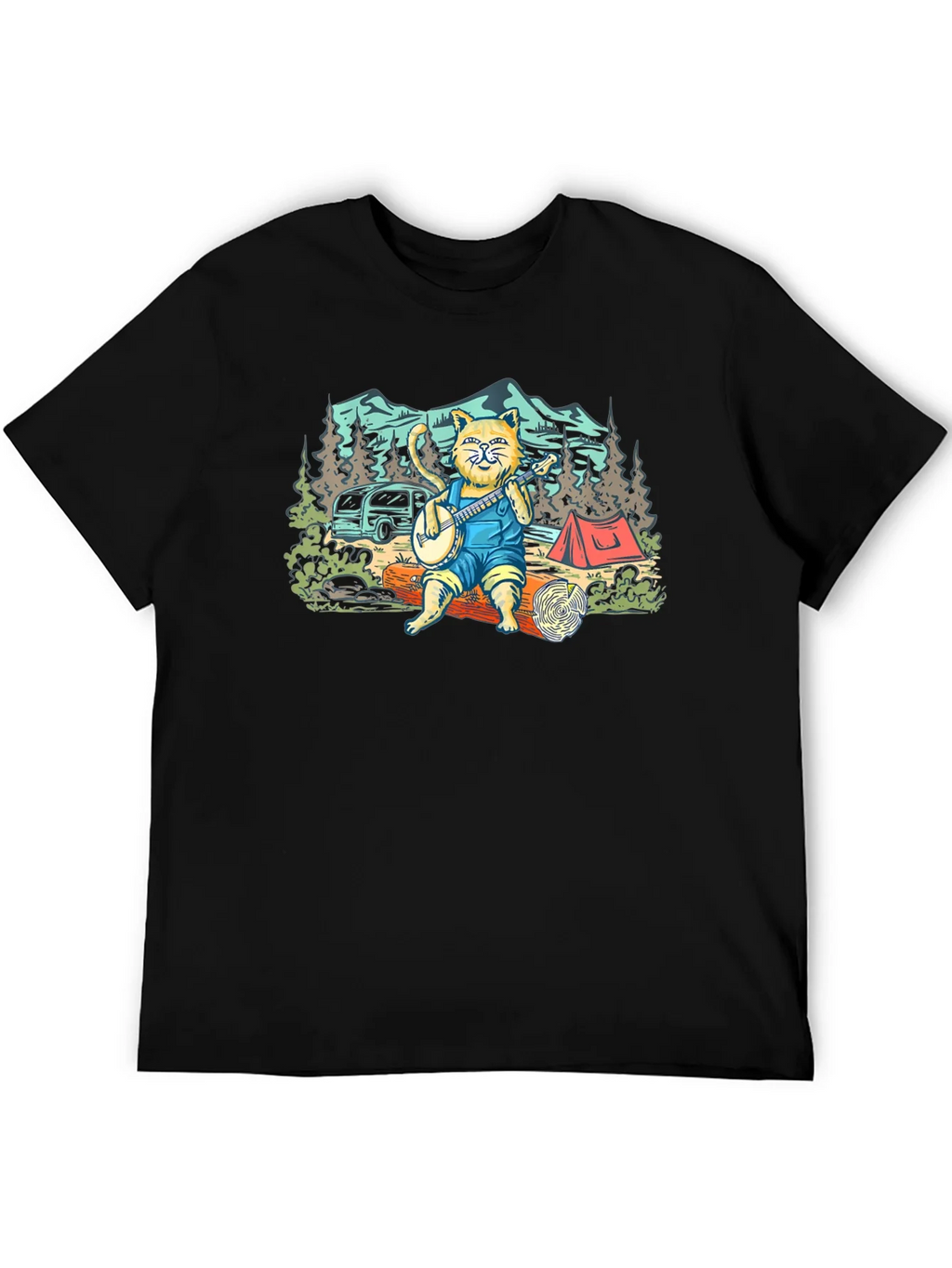 Camping Cat Banjo Graphic T-Shirt