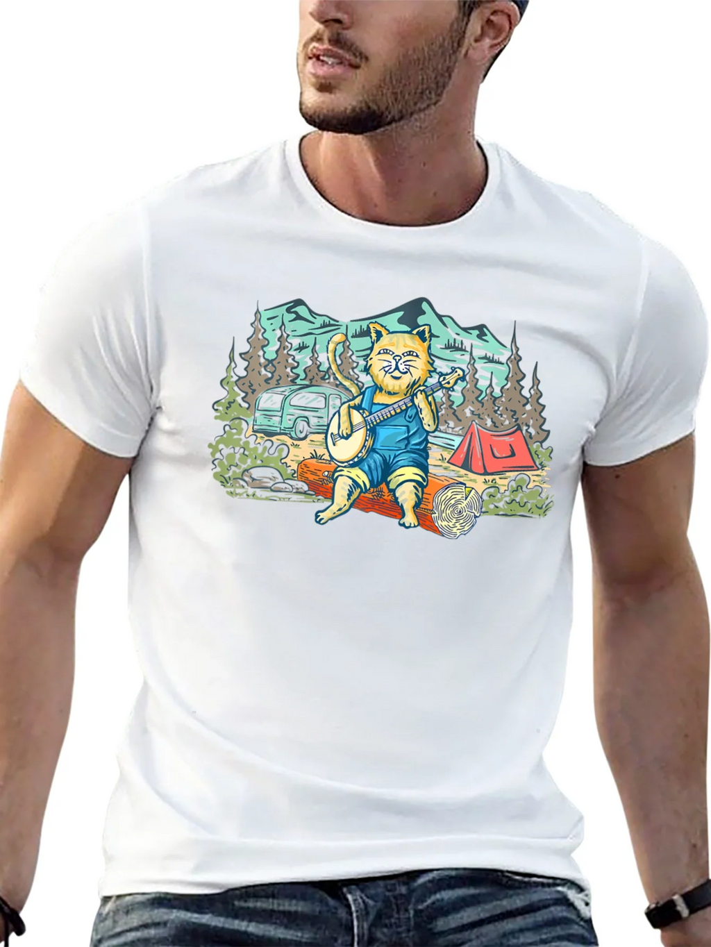 Camping Cat Banjo Graphic T-Shirt