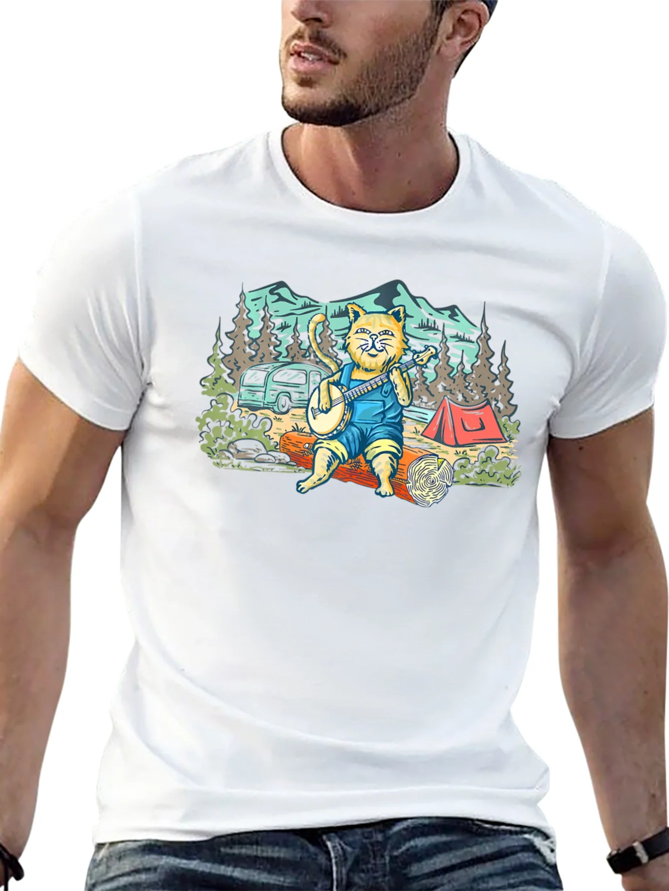 Camping Cat Banjo Graphic T-Shirt