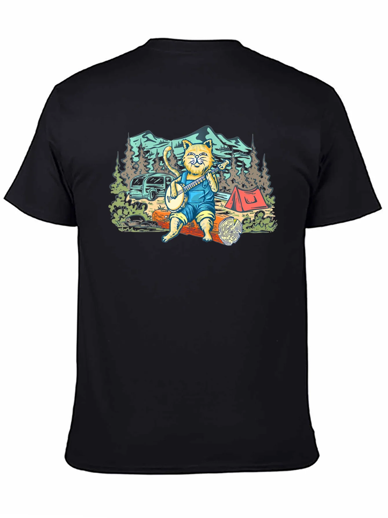 Camping Cat Banjo Graphic T-Shirt