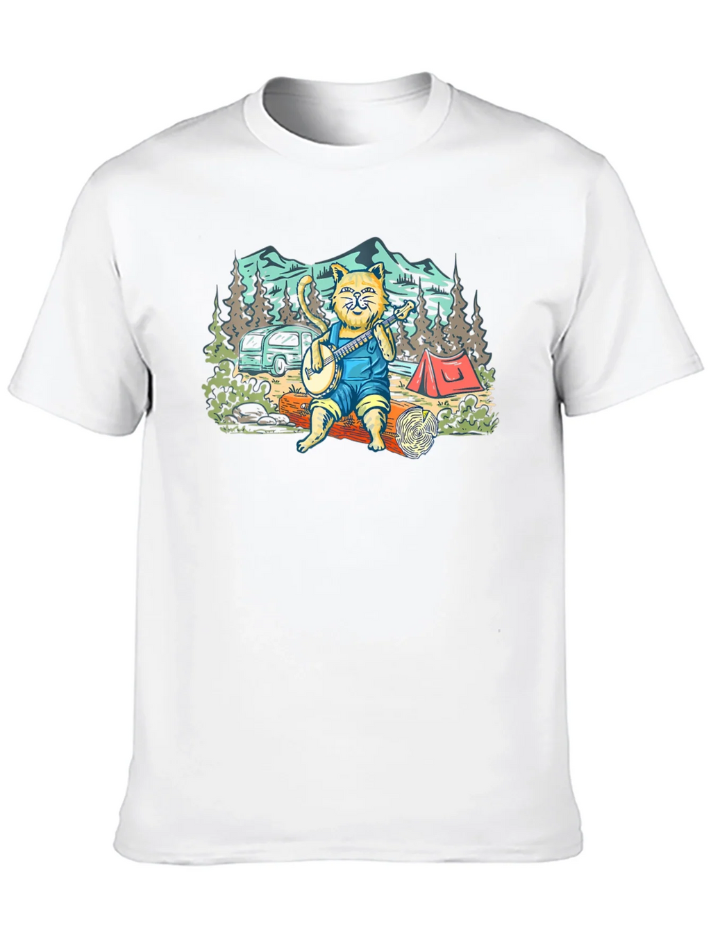Camping Cat Banjo Graphic T-Shirt