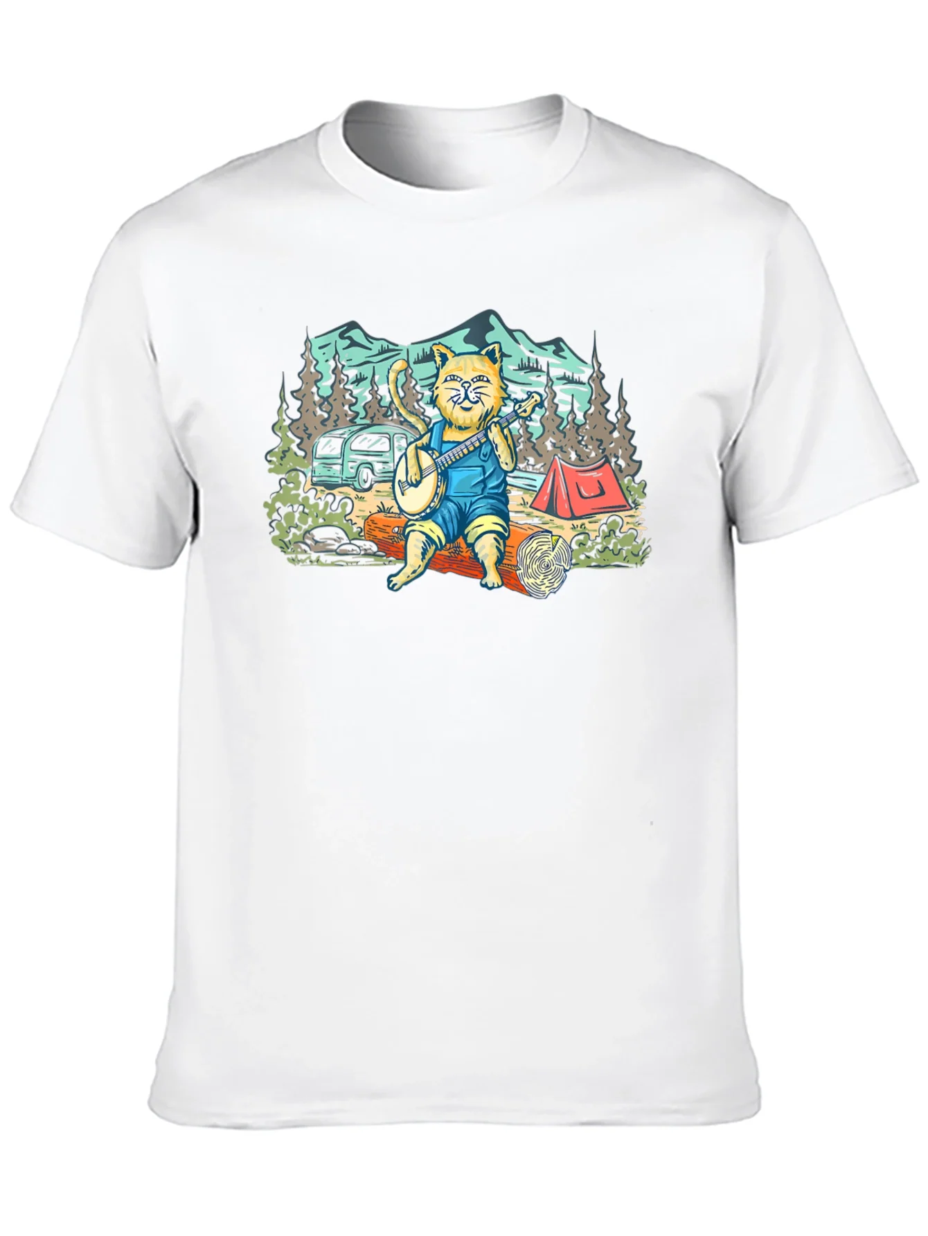 Camping Cat Banjo Graphic T-Shirt