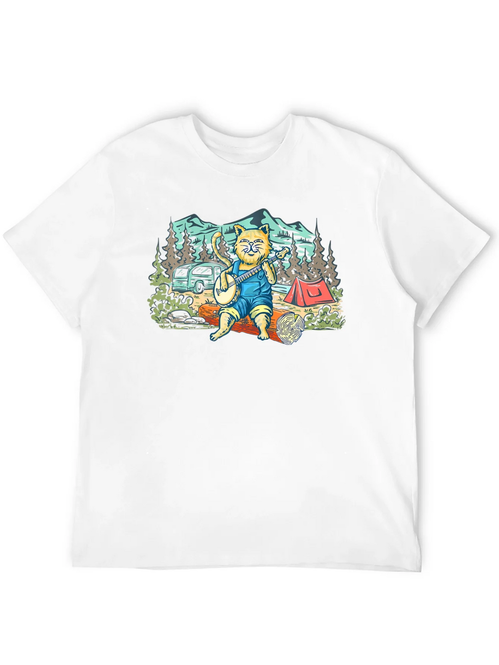 Camping Cat Banjo Graphic T-Shirt