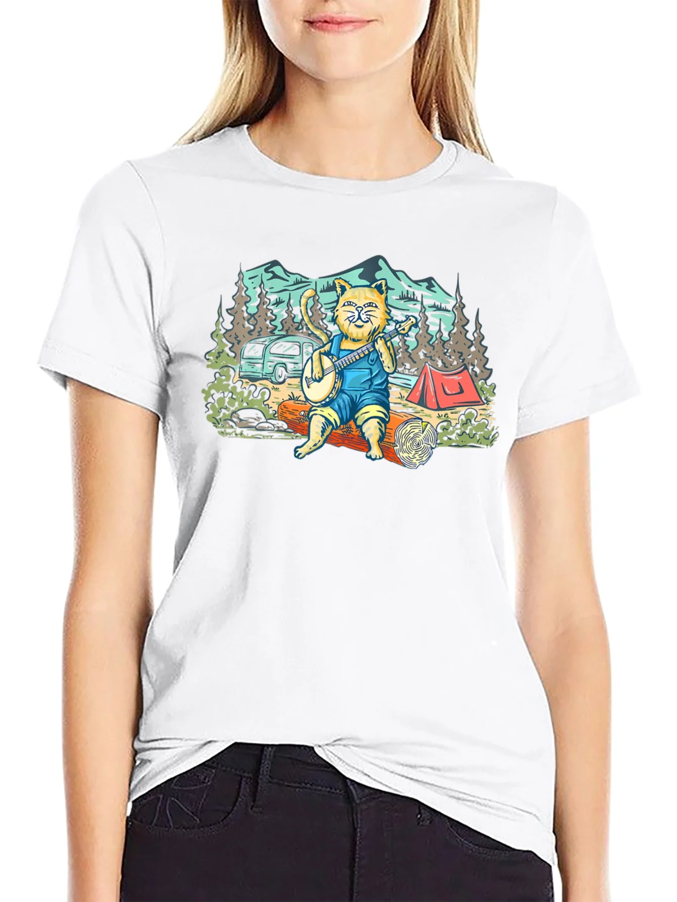 Camping Cat Banjo Graphic T-Shirt