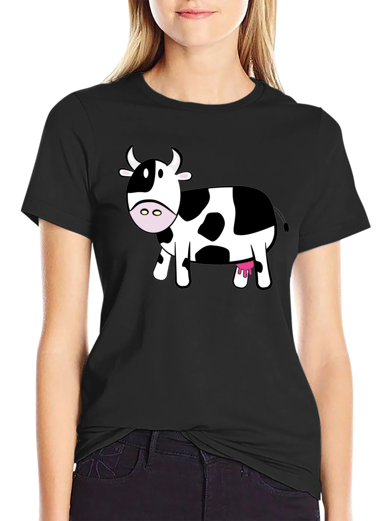 Cute Cow Graphic Tee - Black Cotton T-Shirt