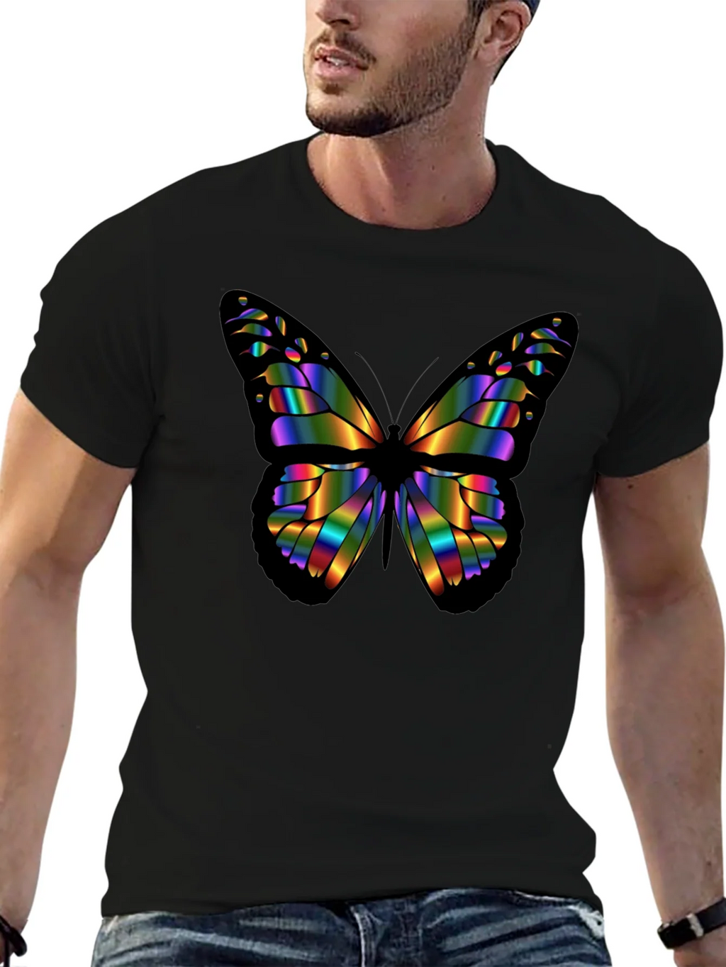 Rainbow Butterfly Graphic Black T-Shirt