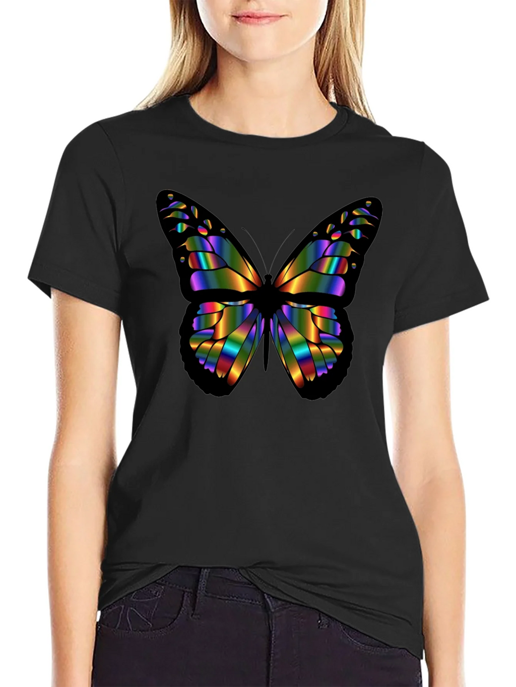 Rainbow Butterfly Graphic Black T-Shirt